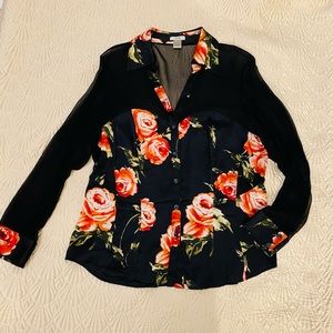 SOLD Cache Black Silk Floral Button-down Top - Size Large